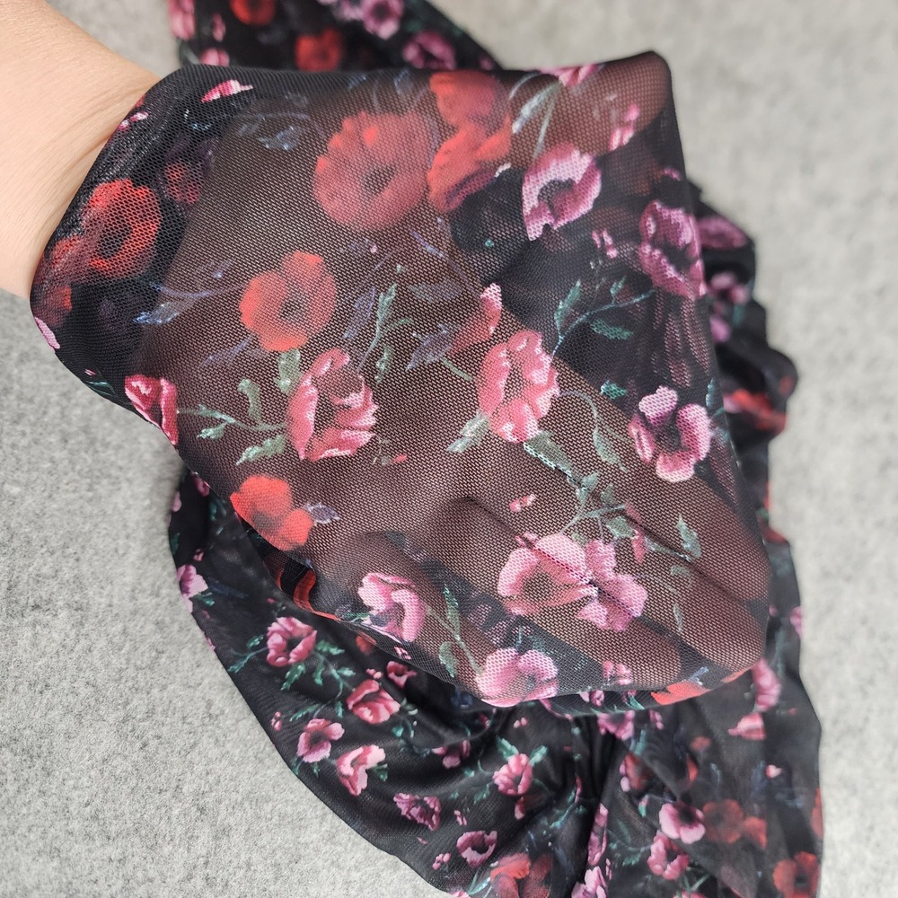 Black Floral Mesh Long Sleeve Sheer Poppy Print Top Womens Large - Picture 5 of 6